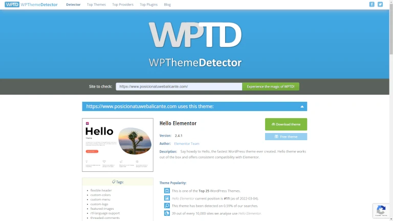 Captura de pantalla WordPress Theme Detector - posicionamiento web alicante